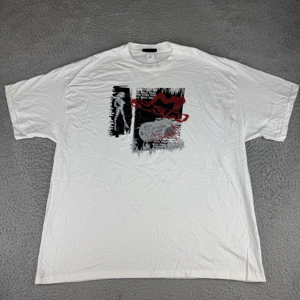 Skin Industries Graphic Print Men's T-Shirt Xl Rare White Y2k Vintage Moto Skate
